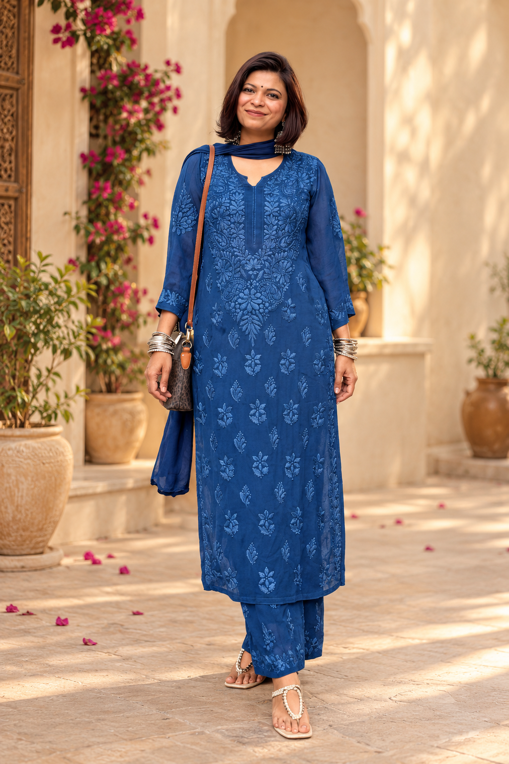 Royal blue embroidered kurta set in a heritage courtyard